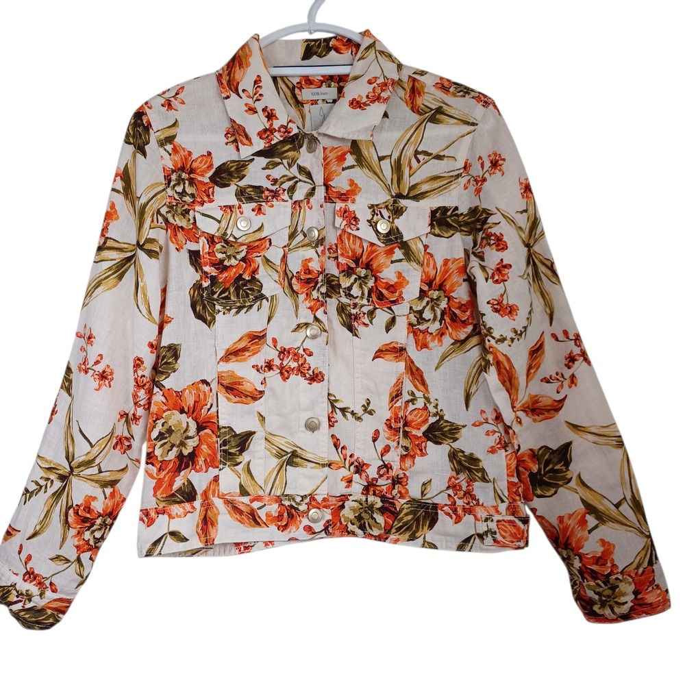 Joie Womens Orange Floral 100% Linen Trucker Jacket Size Small Tropical Print